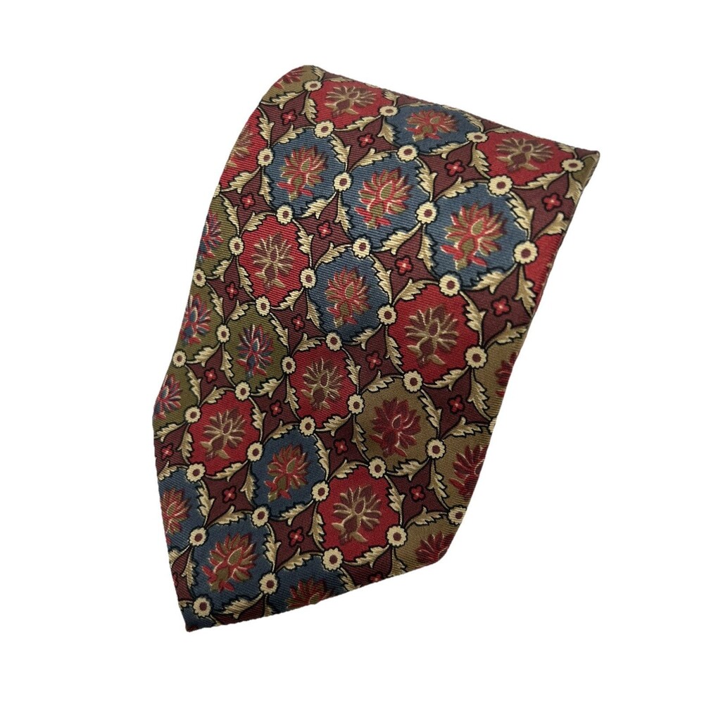 JS Blank The Cotswold Collection Red Tan Floral All Silk Handmade Tie 57.75"x 4" - Picture 2 of 5